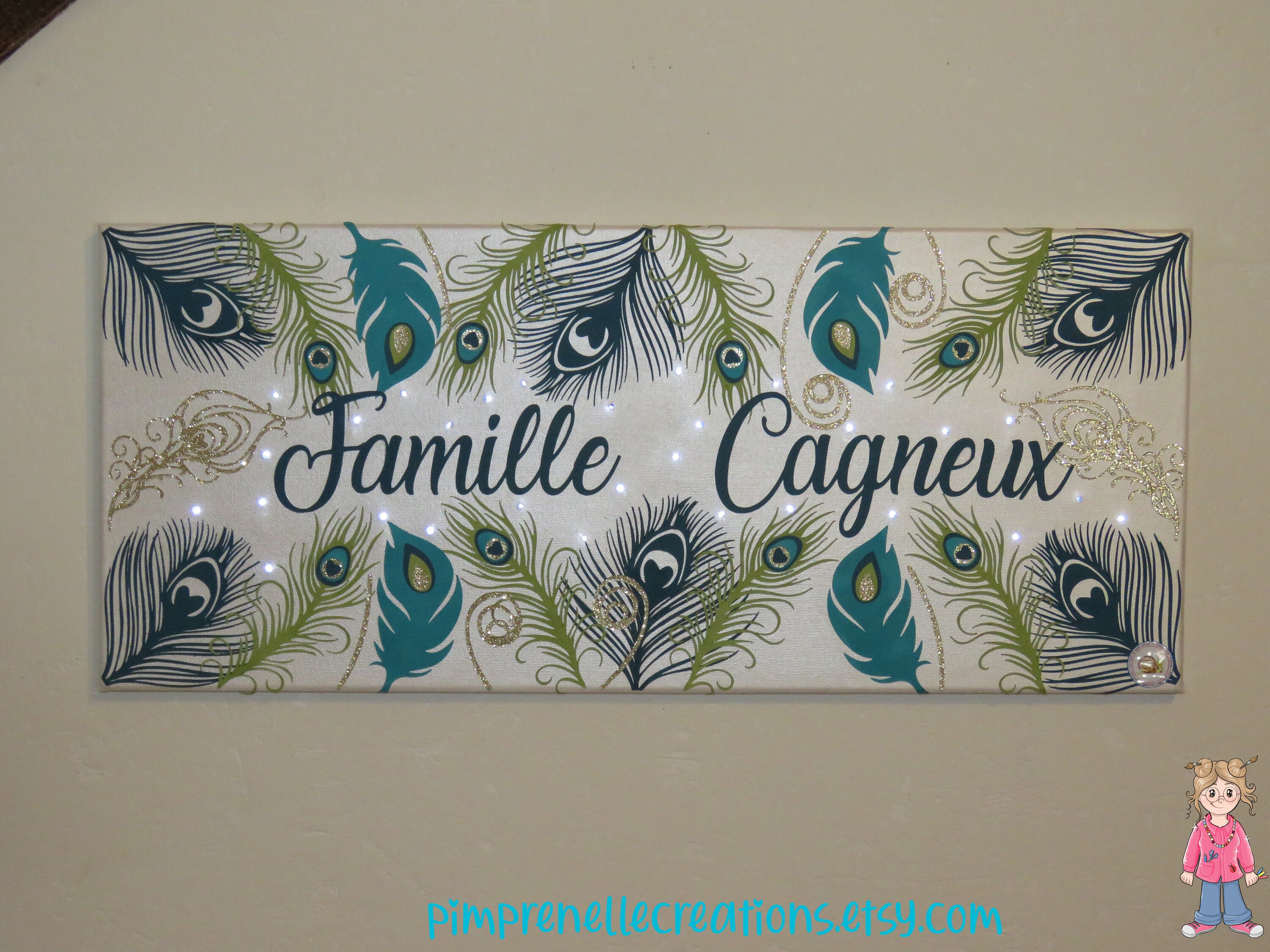Tableau Prénoms, Tableau Plumes de Paon, Lumineux Pour Chambre, Chambre Couple, Personnalisé, Bleu C