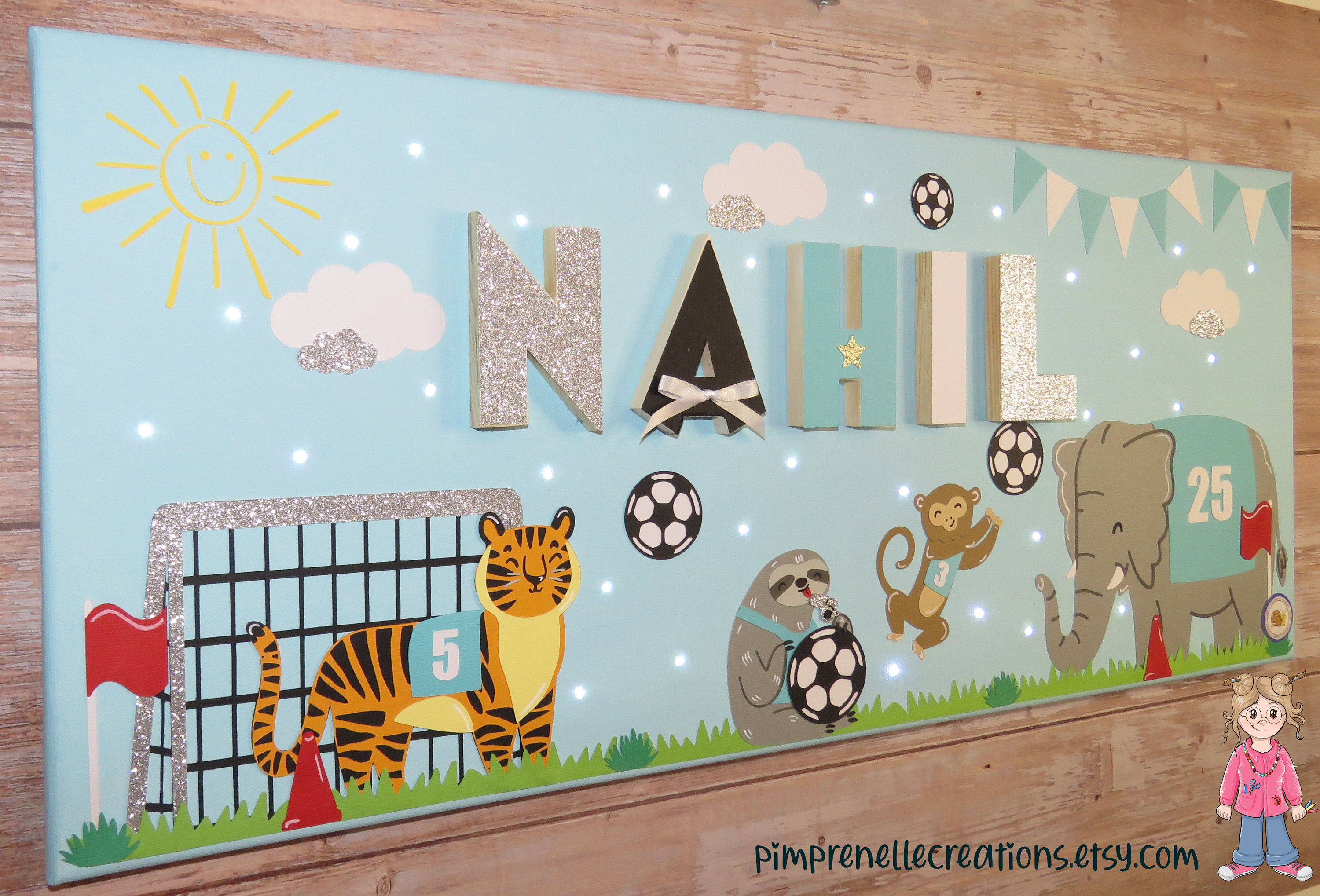 Tableau Foot avec Prénom, Toile Lumineuse et Animaux, Tableau Equipe de Personnalisé Déco Foot