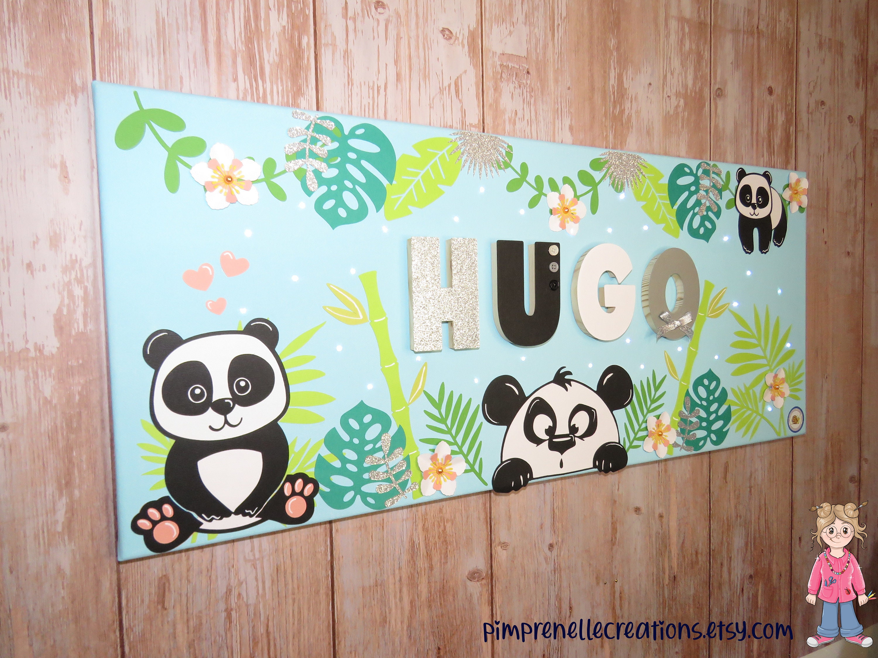 Tableau Lumineux avec Prénom Panda, Tableau Déco Chambre Toile Lumineuse Cadeau Panda