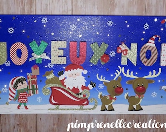 Tableau lumineux joyeux noël, toile lumineuse pere noël et lutins, tableau de noël lumineux, Grand décor de Noel lumineux avec pere noel,