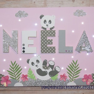 Light painting with panda first name, panda painting, panda bedroom decor, girl birth gift, Sauthon chao chao panda inspiration painting
