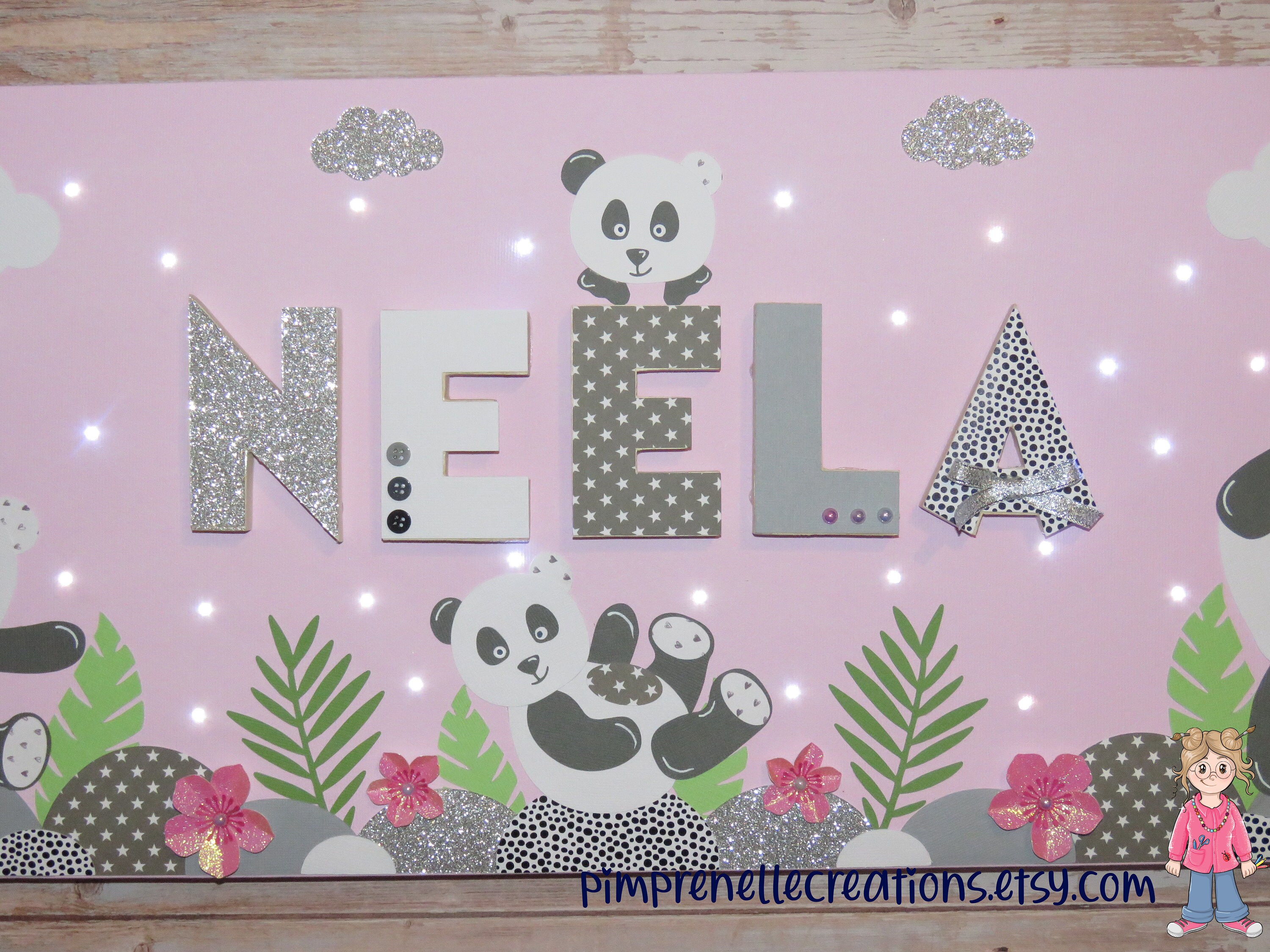 Tableau Lumineux avec Prénom Panda, Tableau Déco Chambre Cadeau Naissance Fille, Inspiration Sauthon