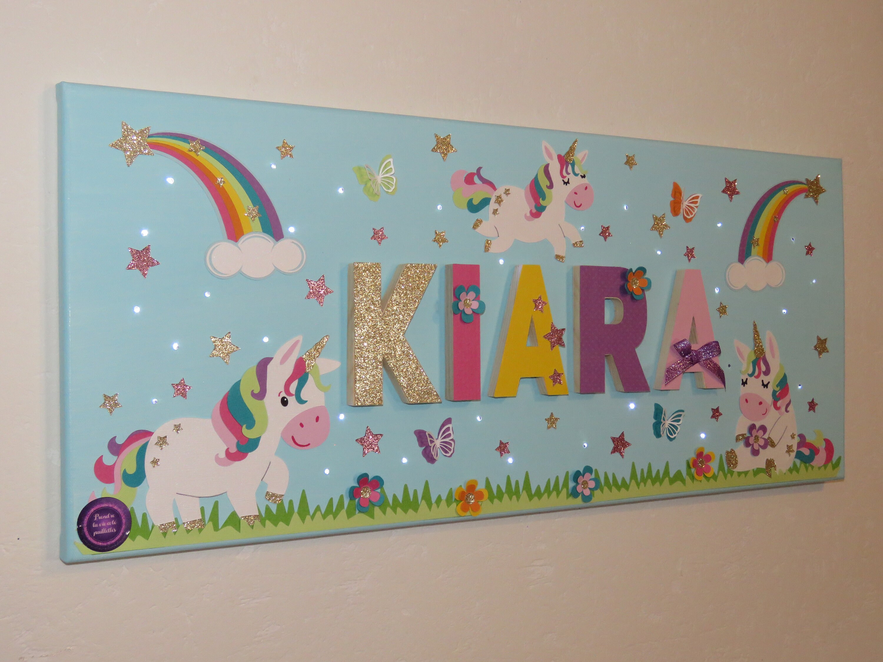 Tableau Prénom Licorne, Toile Lumineuse Tableau Licornes, Personnalisé, Déco Chambre Étoile, Arc en 