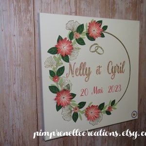 Mesa de luz de boda, mesa de decoración de boda de coral verde, idea de regalo de boda, corona de flores con el nombre de la pareja, decoración de dormitorio