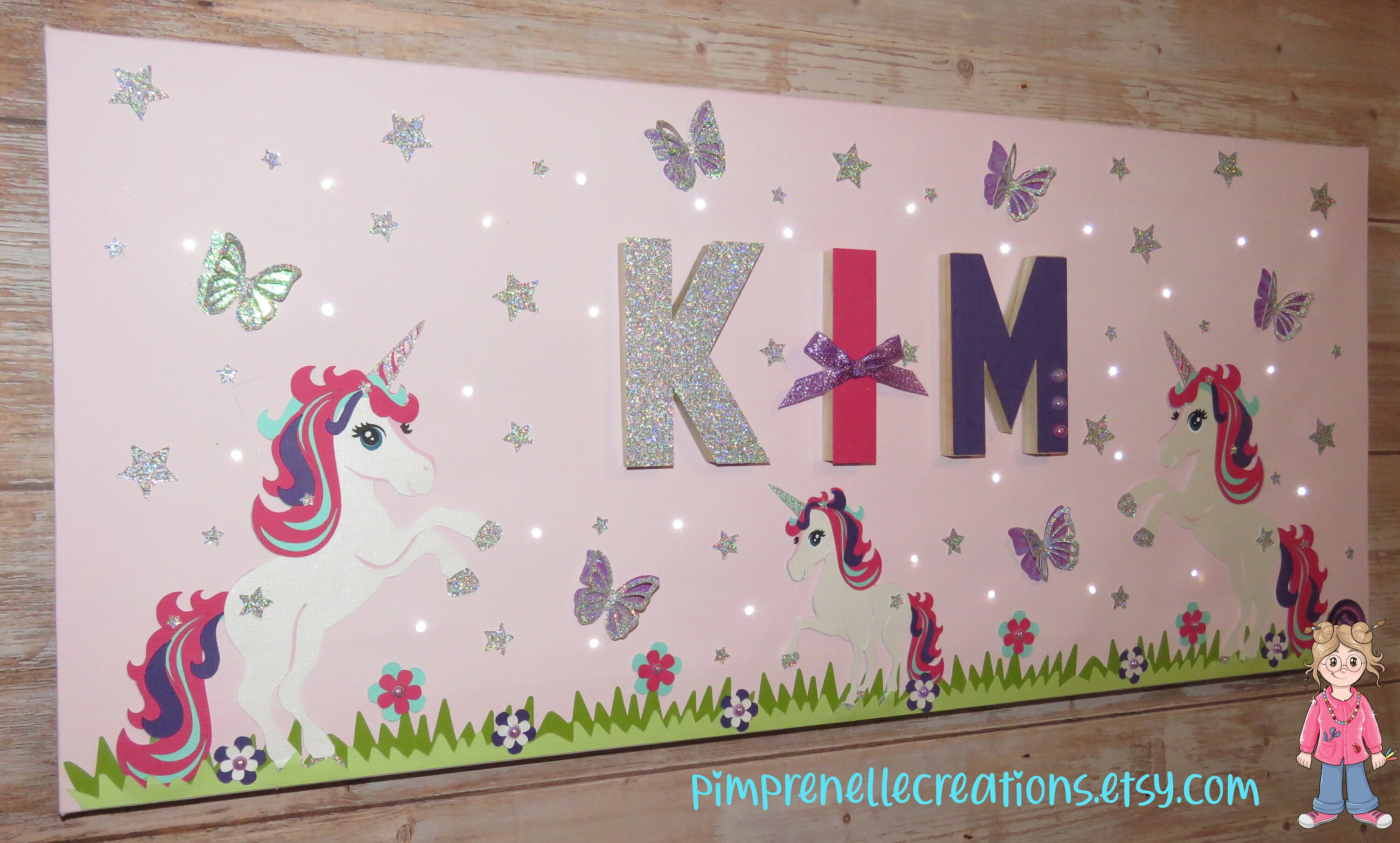 Tableau Licorne avec Prénom, Toile Lumineuse Licorne, Tableau Licornes Rose, Fillette Personnalisé D