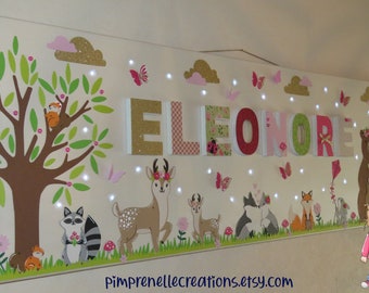 Tableau géant prénom animaux de la foret, déco chambre enfant, tableau lumineux biches, déco murale lumineuse personnalisée, déco prenom,