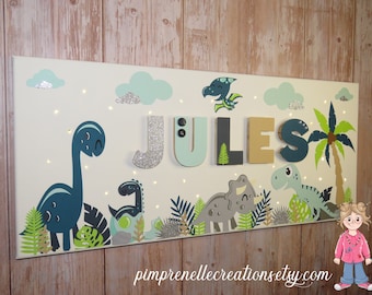 Tableau dinosaures vert d'eau personnalisé, toile lumineuse dinosaure, pancarte prénom dino, déco chambre dinosaures, idée cadeau garçon,