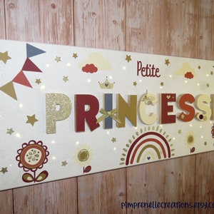 Cuadro de nombre arcoíris de terracota, cuadro de luz para dormitorio de niña, cuadro personalizado en tonos marrones y dorados, cuadro decorativo para niña,