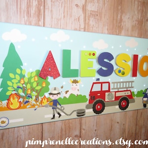 Fire truck painting with first name, personalized firefighter painting, personalized firefighter and campaign light canvas, child firefighter decoration