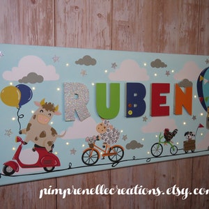 Tablero de luces personalizado con animales, tablero con nombre y animales de la cuerda floja, cartel con el nombre decorado, tablero de la habitación del bebé,