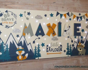 Boy&#39;s first name painting, boy&#39;s bedroom painting, luminous first name painting, personalized fox painting, little explorer painting, baby decoration