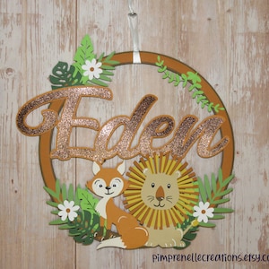 Ghirlanda per porta con nome personalizzato, corona di volpe e leone, decorazione di volpe, decorazione di leone, decorazione per bambino, placca per porta con animali,