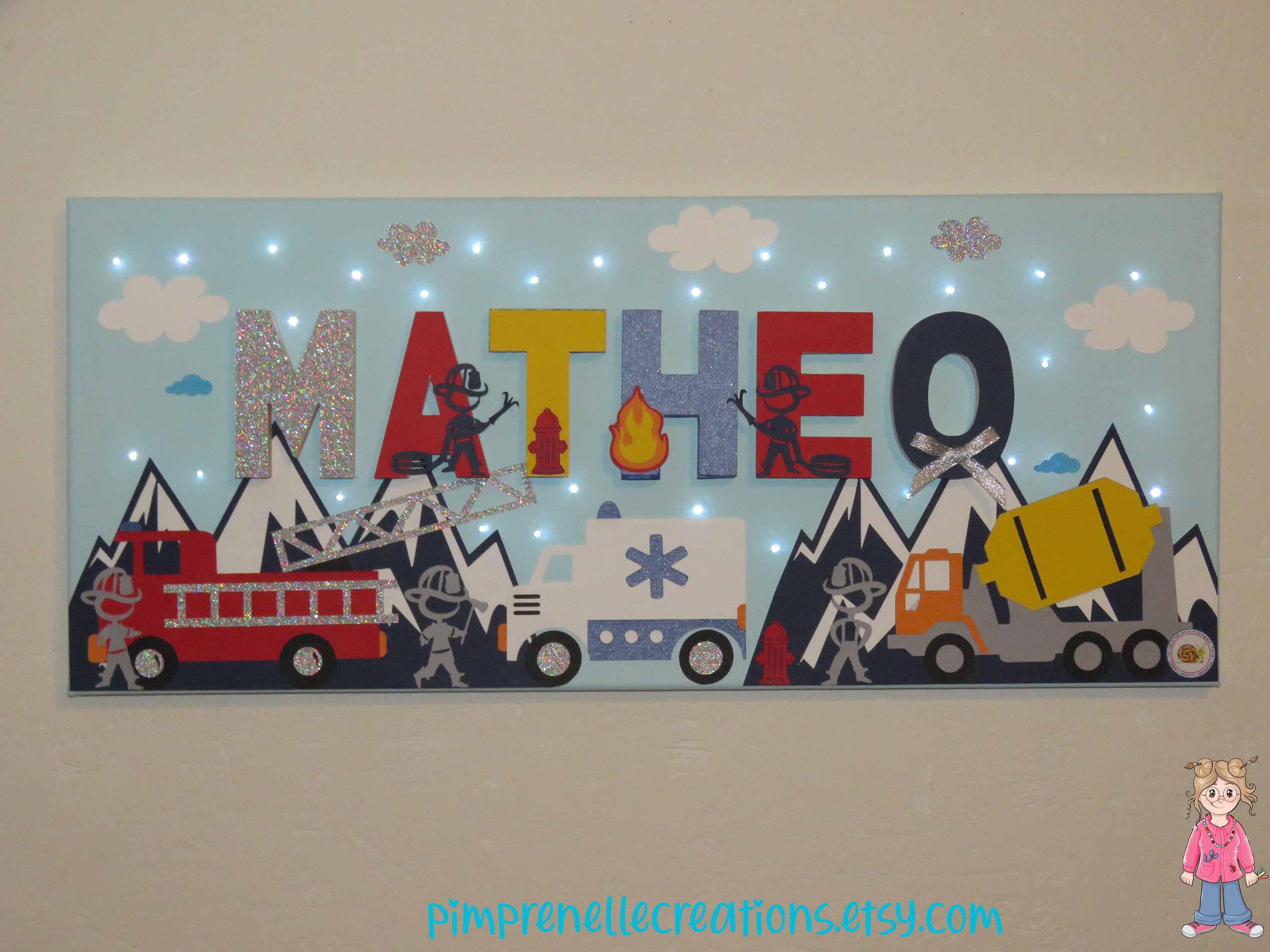 Tableau Pompier avec Prénom, Tableau Lumineux Chambre Garçon, Prénom Lumineux, Personnalisé, Déco Mu