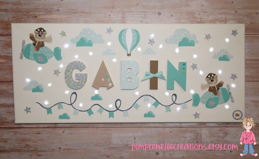Tableau ourson avec prénom, tableau vert d'eau chambre bébé, tableau