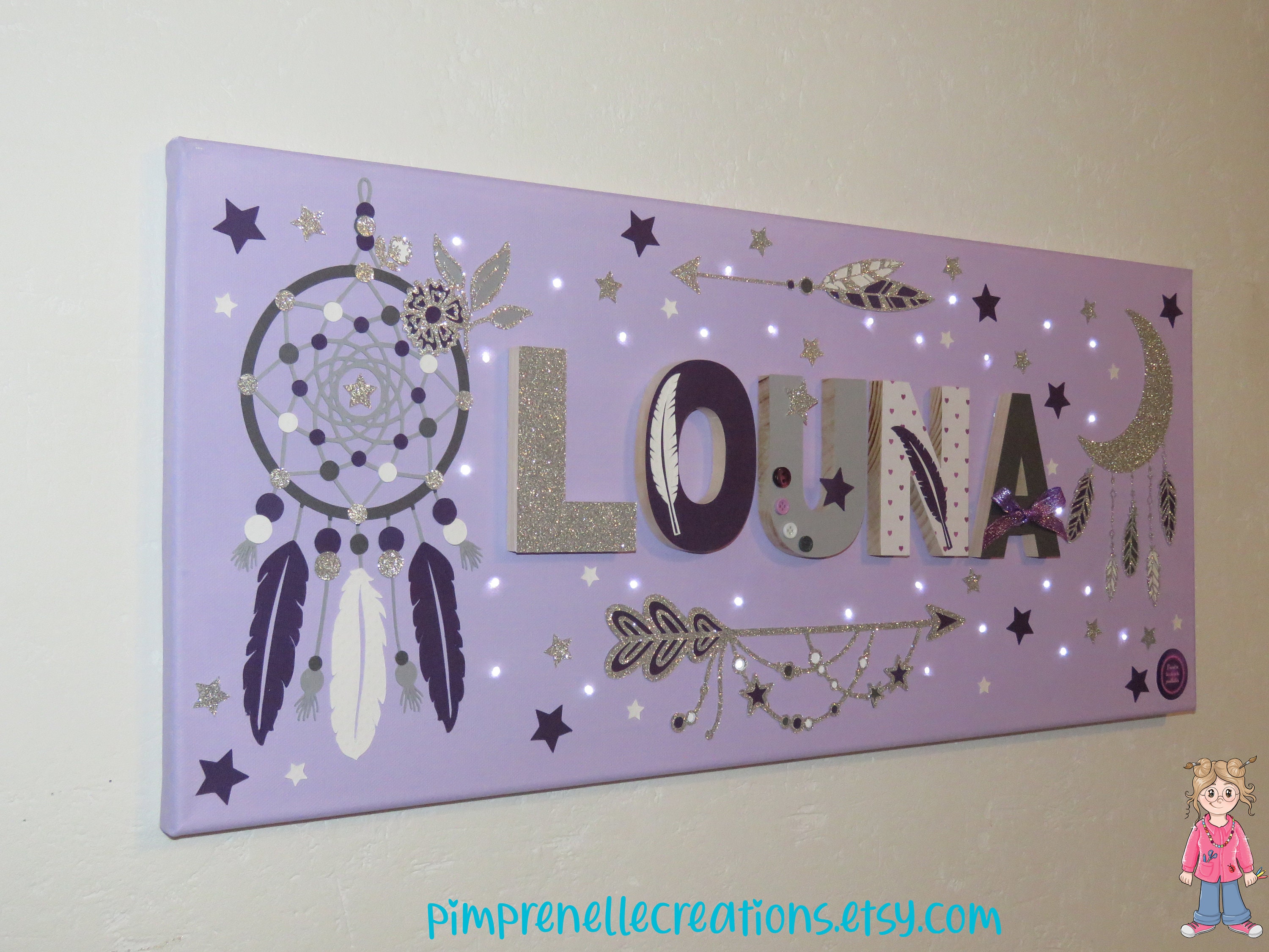 Tableau Prénom Attrape Reve, Tableau Lumineux Boho, Personnalisé Prénom, Boheme, Déco Chambre Fille,