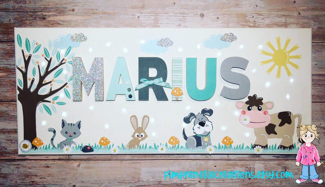 Tableau Lumineux avec Prénom, Tableau Animaux, Toiles Lumineuse Vert d'eau, Chambre de Bébé, Déco Na