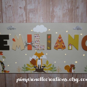 Pintura ligera de animales del bosque con nombre, lienzo ligero personalizado, decoración de la habitación del bebé de otoño y bosque, pintura de ciervos y zorros,
