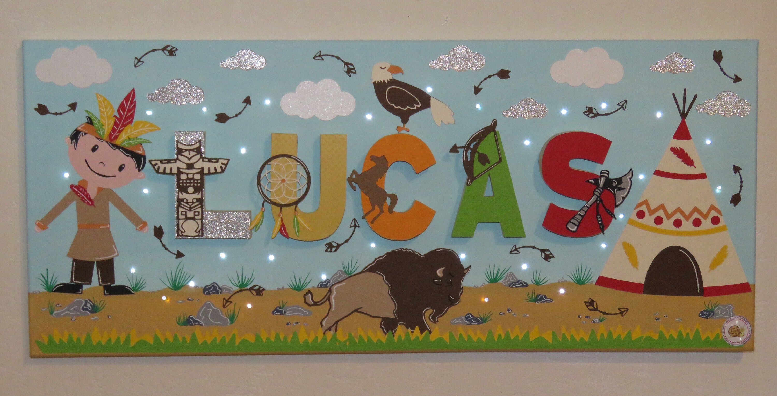 Tableau Prénom Garçon, Toile Prénom, Tableau Lumineux, Personnalisé, Petit Indien, Déco Indien Attra