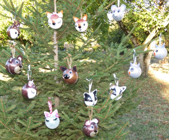 Set Of 5 Christmas Forest Animals Balls Balls With Names Forest Animals Christmas Tree Decoration Glitter Balls