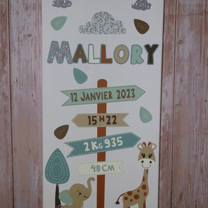 Tableau naissance personnalisé girafe et éléphant, cadeau naissance personnalisé luna et axel, déco chambre bébé, tableau info naissance,