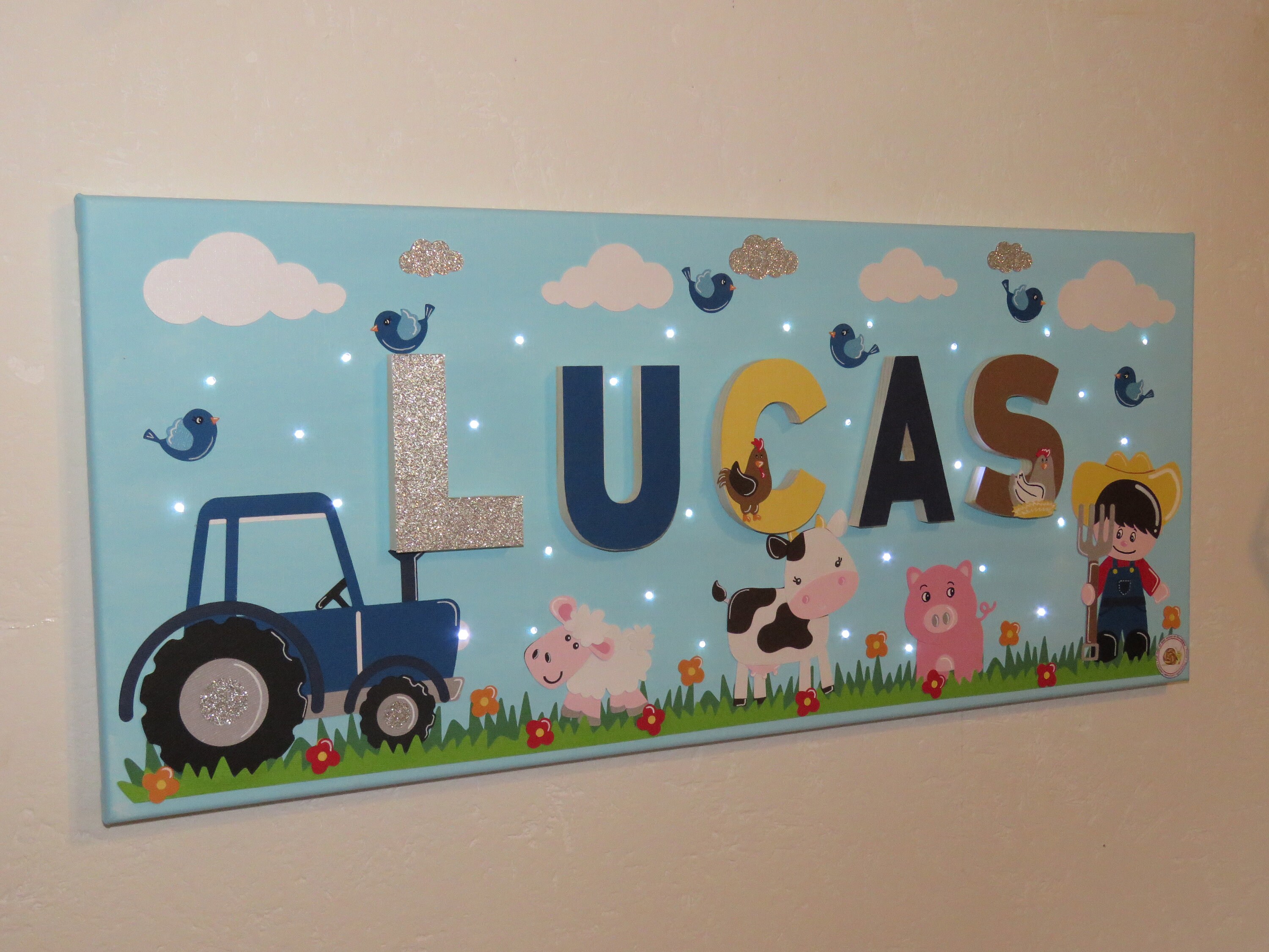 Tableau Prénom Garçon, Toile Prénom, Tableau Lumineux, Personnalisé, Petit Fermier, Déco Animaux de 