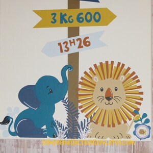 K&ouml;nnte beinhalten: Eine wei&szlig;e Leinwand mit einem blauen Elefanten und einem L&ouml;wen mit brauner M&auml;hne. Die Leinwand hat zwei Schilder mit dem Text "3 Kg 600" und "13h26".