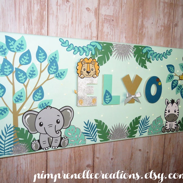 Tableau animaux de la jungle et prénom, toile lumineuse jungle, tableau lion avec prénom, tableau personnalisé animaux, déco jungle enfant,