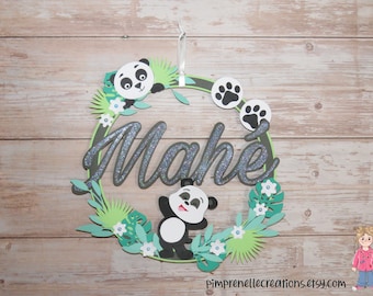 Door wreath with personalized first name, little panda crown, panda decoration, baby room decoration, leaf wreath, door plaque,