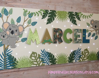 Koala painting with first name, koala light canvas, tropical leaf and koala painting, personalized koala painting, baby decorative gift idea,