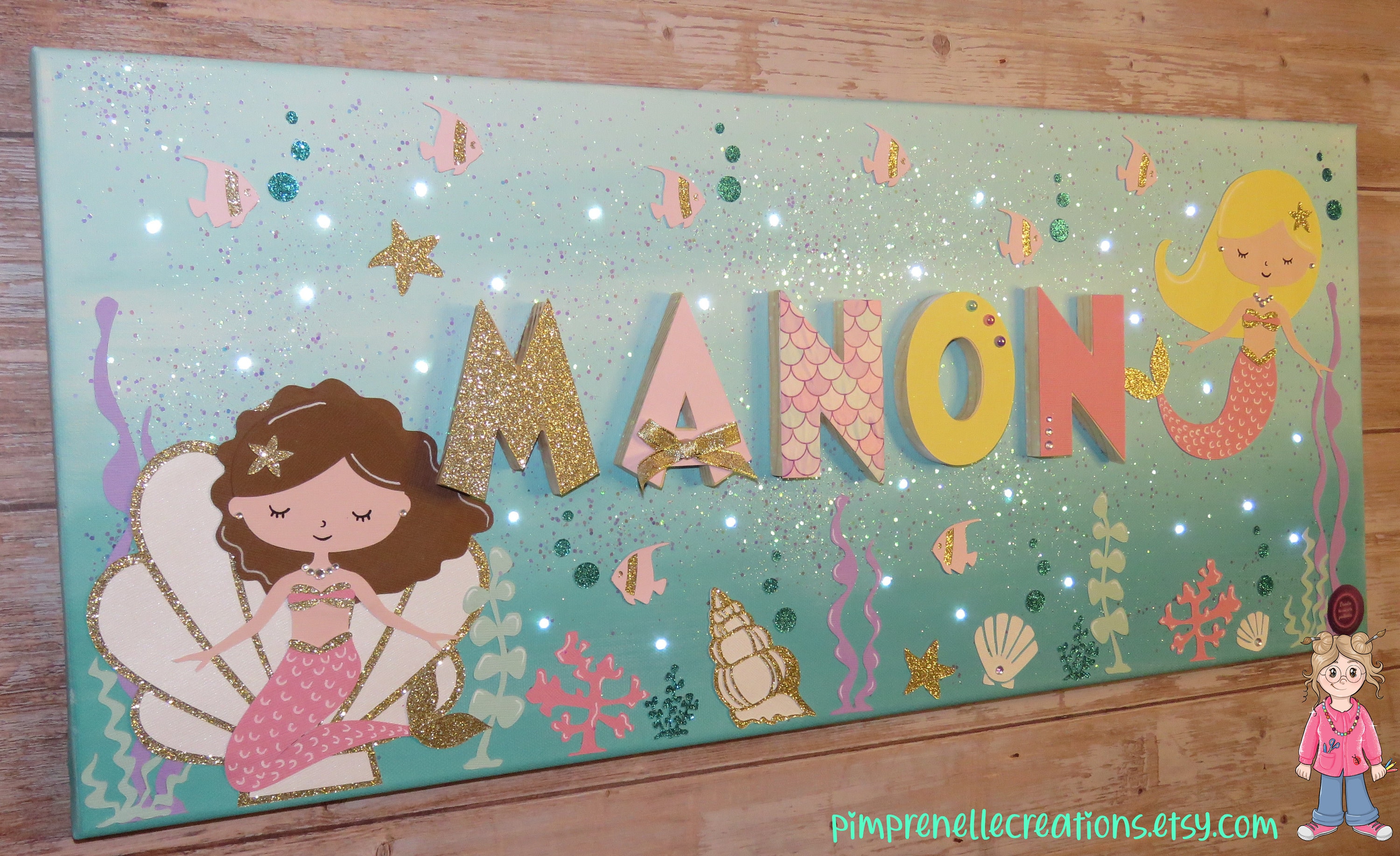 Tableau Sirène avec Prénom, Tableau Lumineux Sirènes, Déco Vert d'eau Fille, Chambre Fille Sirène, S