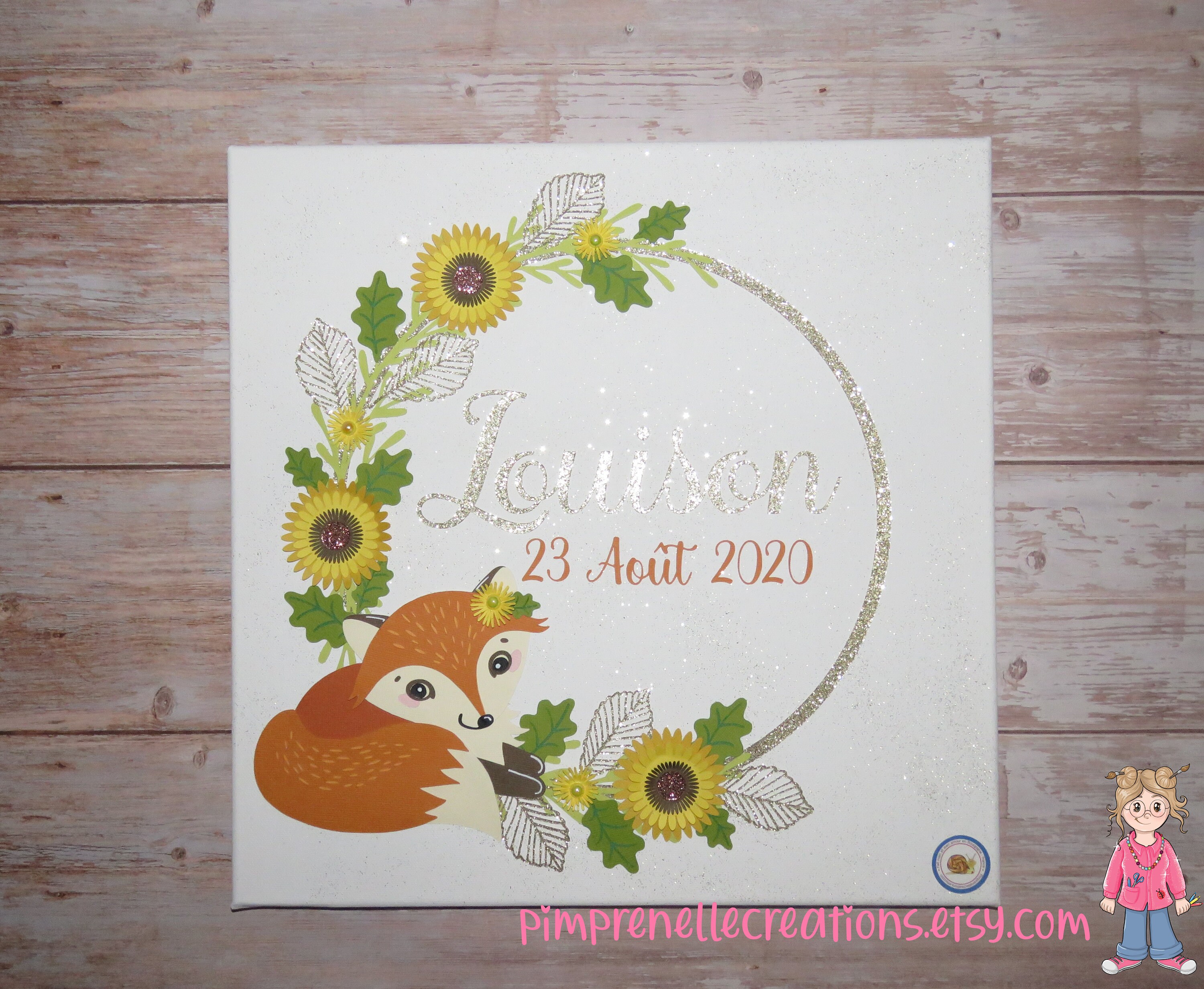 Tableau Renard avec Prénom, Décoration Murale Renard, Couronne de Fleurs Tableau Pour Bébé, Idée Cad