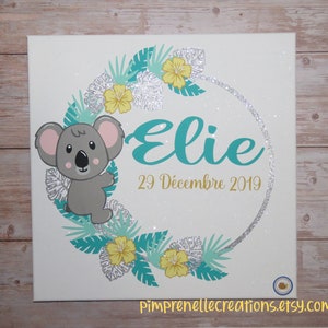 Koala painting with first name, koala wall decoration, crown of tropical leaves and first name, koala painting for baby room, birth gift,