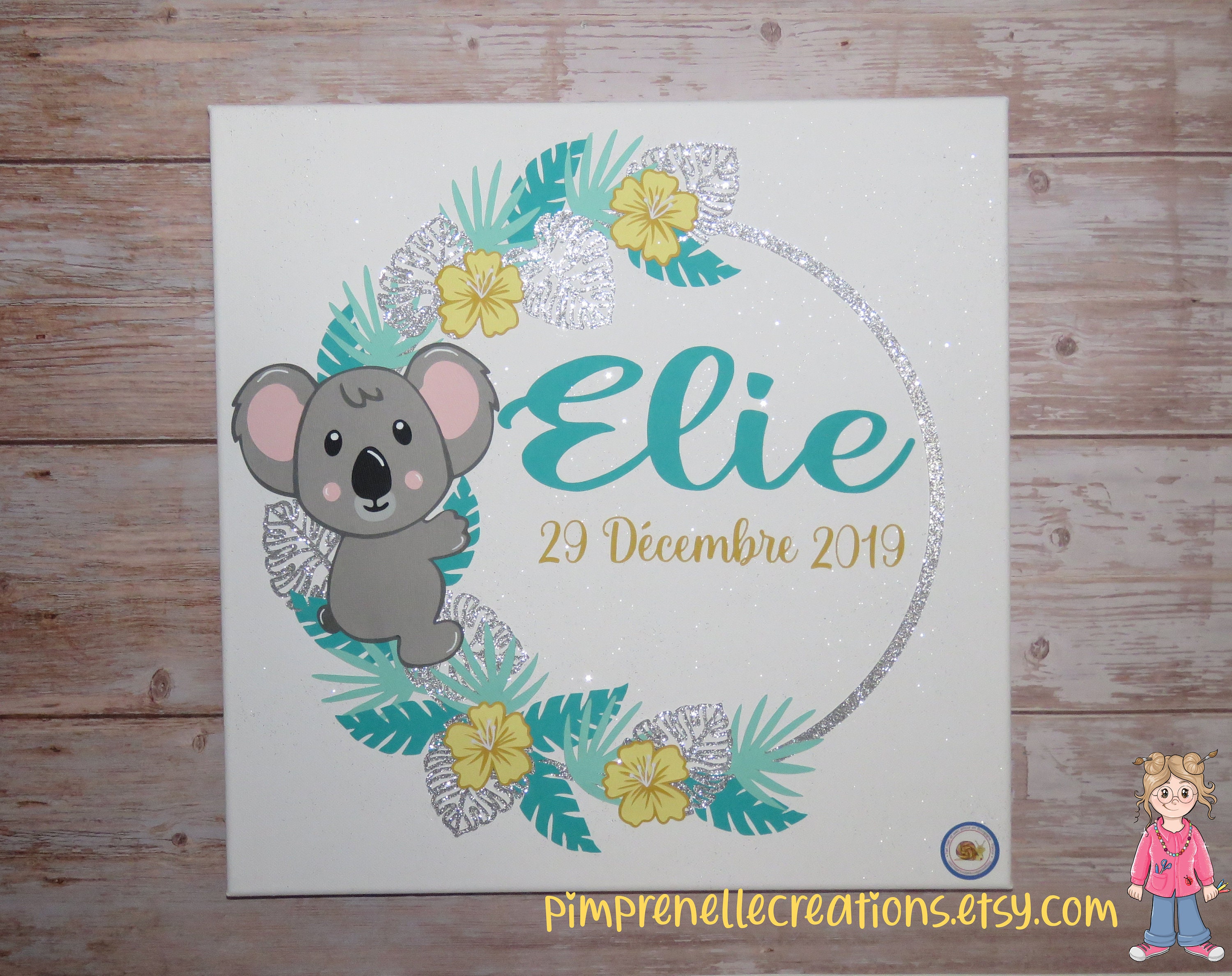 Tableau Koala avec Prénom, Décoration Murale Koala, Couronne de Feuilles Tropicales et Tableau Chamb