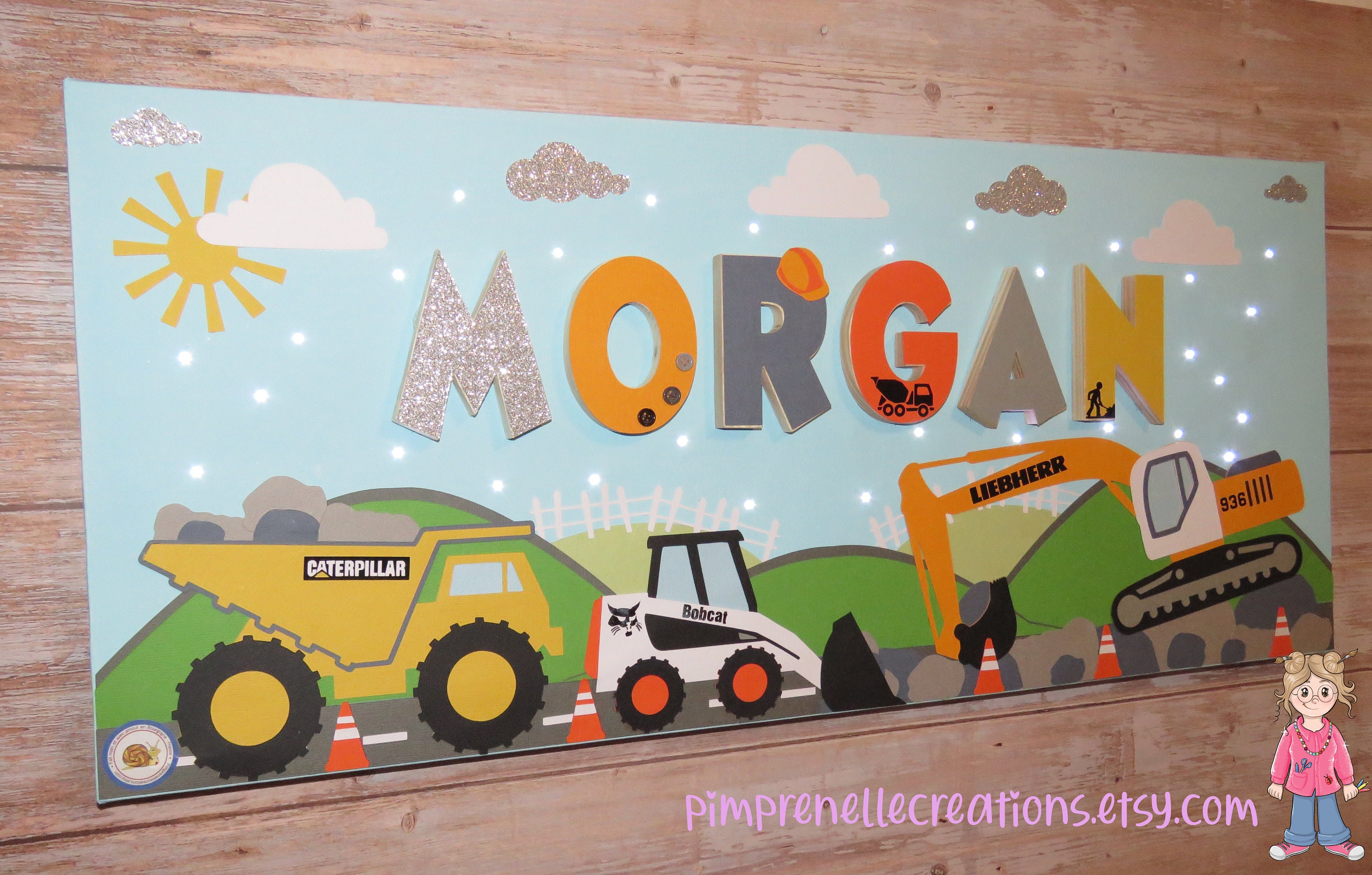 Tableau Engins Chantier avec Prénom, Tableau Lumineux Pelleteuse , Prénom Garçon, Idée Cadeau Déco G