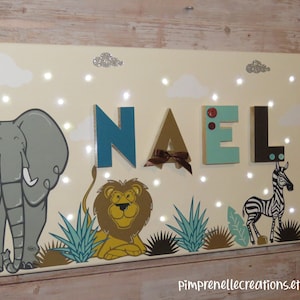 pintura ligera con nombre, pintura de animales de sabana, decoración de habitación de sabana, pintura de león personalizada, pintura de elefante con nombre,