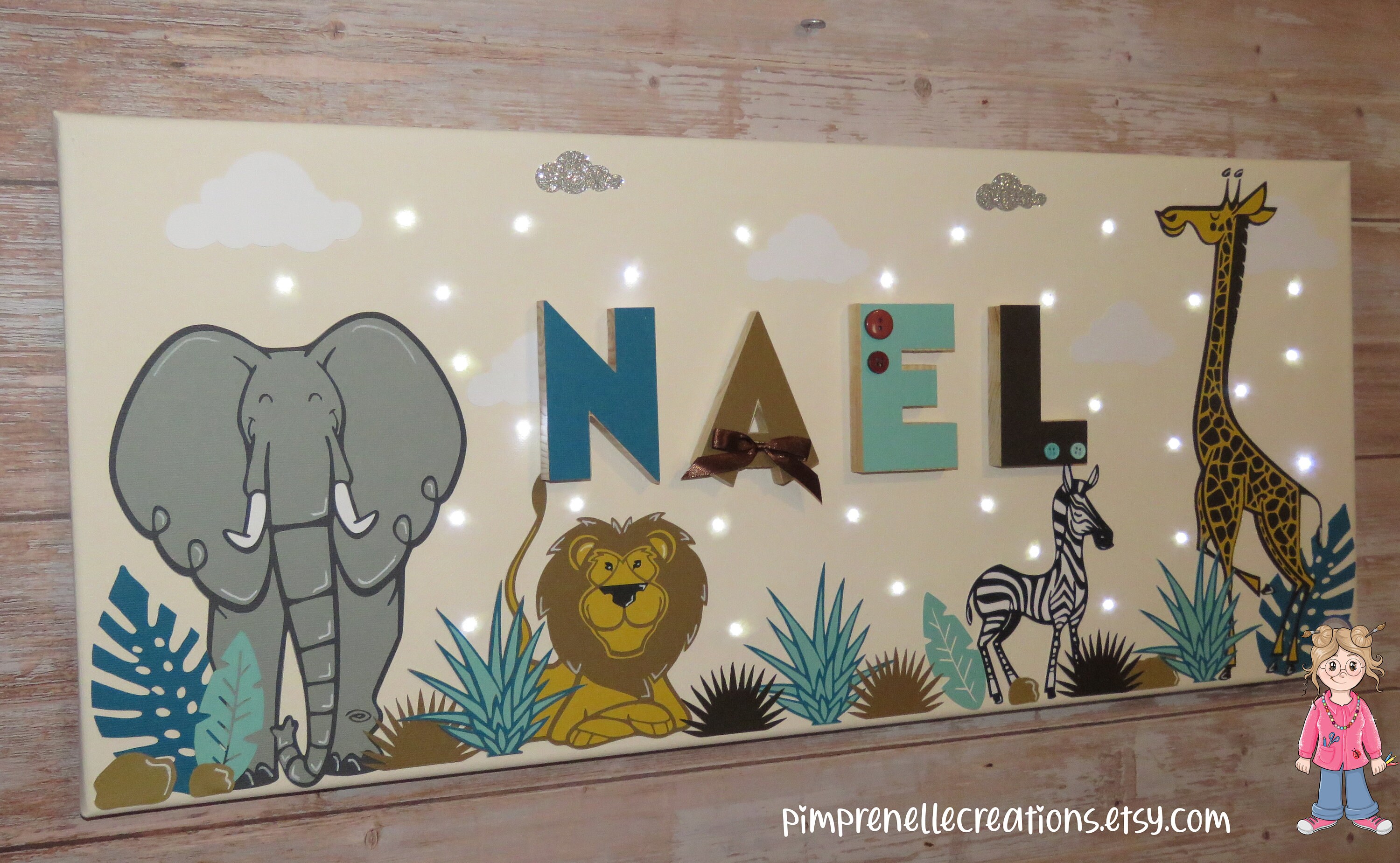 Tableau Lumineux avec Prénom, Tableau Animaux de La Savane, Déco Chambre Lion Personnalisé, Éléphant