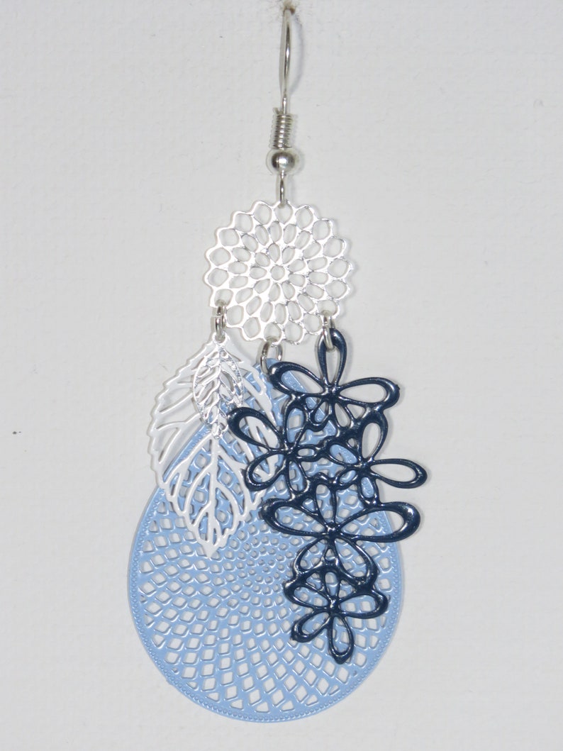 white and silver earrings Earrings drops bunch of flowers flowers Navy trendy 2017 sky blue leaves
