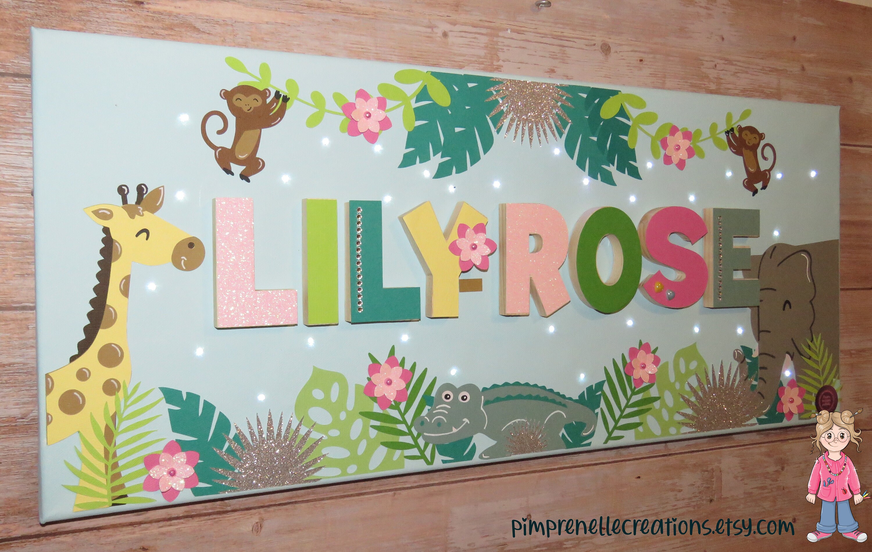 Tableau Jungle avec Prénom, Tableau Lumineux Personnalisé Animaux Sauvage, Crocodile, Déco Fille,