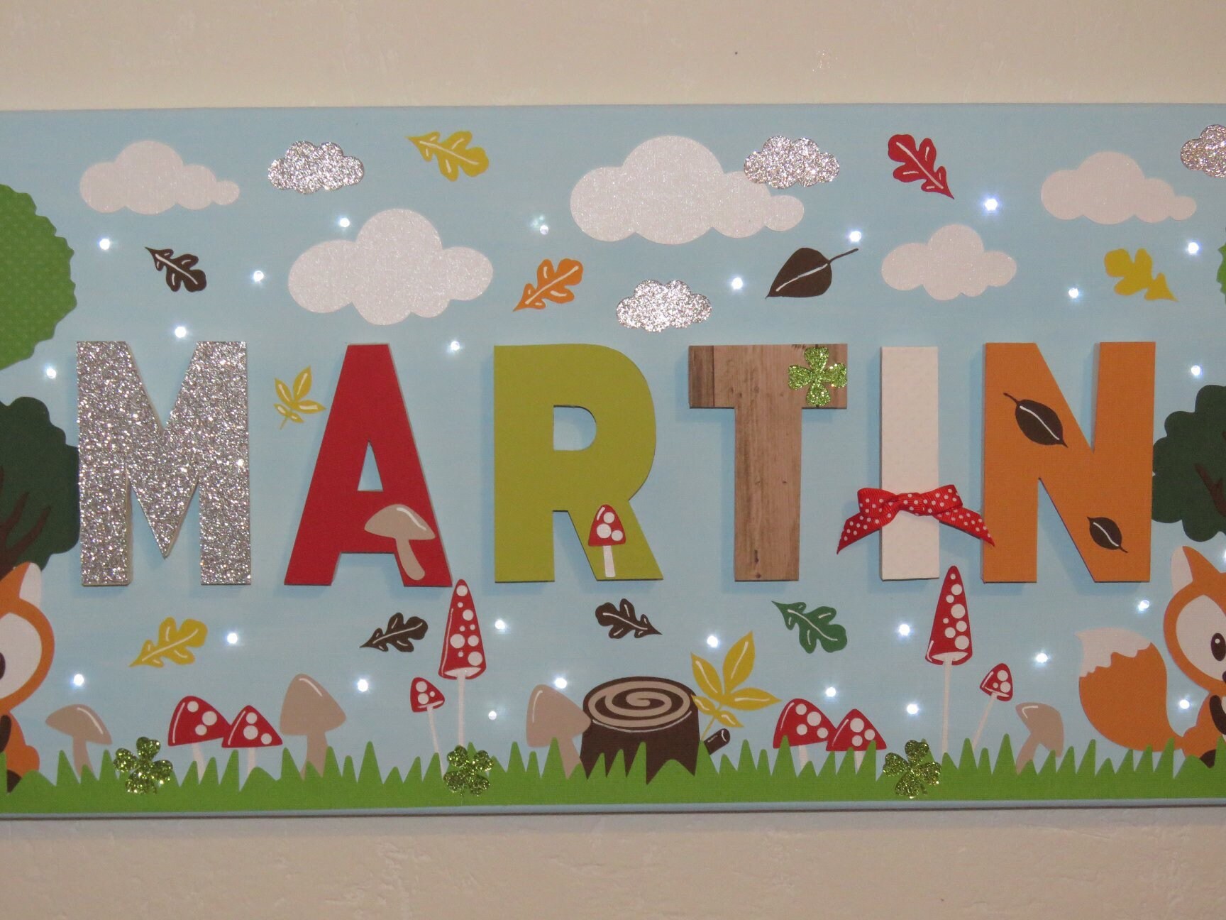 Tableau Prénom Garçon, Toile Prénom, Tableau Lumineux, Personnalisé, Renard, Deco Foret