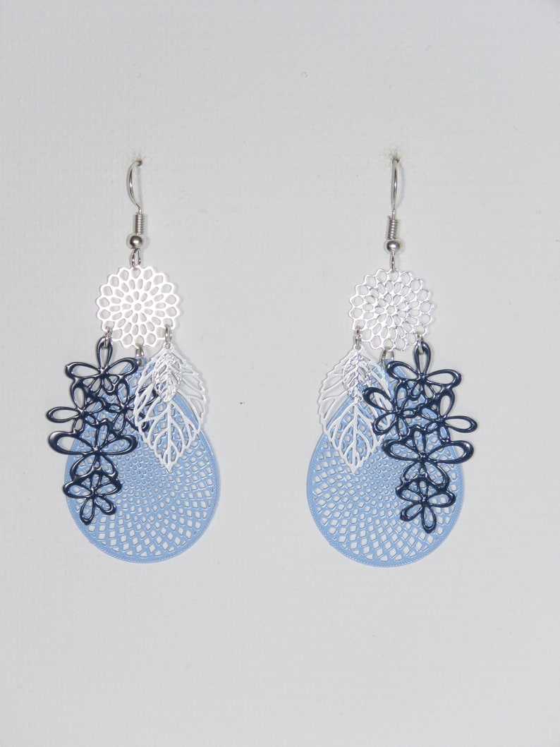 white and silver earrings Earrings drops bunch of flowers flowers Navy trendy 2017 sky blue leaves