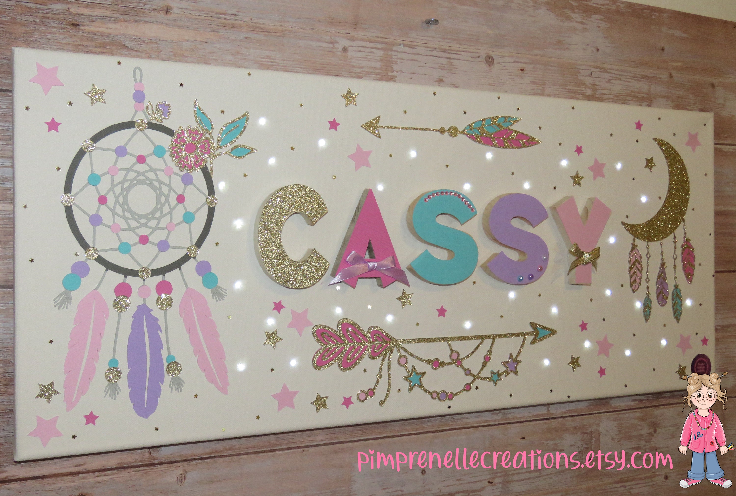 Tableau Prénom Attrape Reve, Tableau Lumineux Boho, Personnalisé Prénom, Boheme, Déco Chambre Fille,