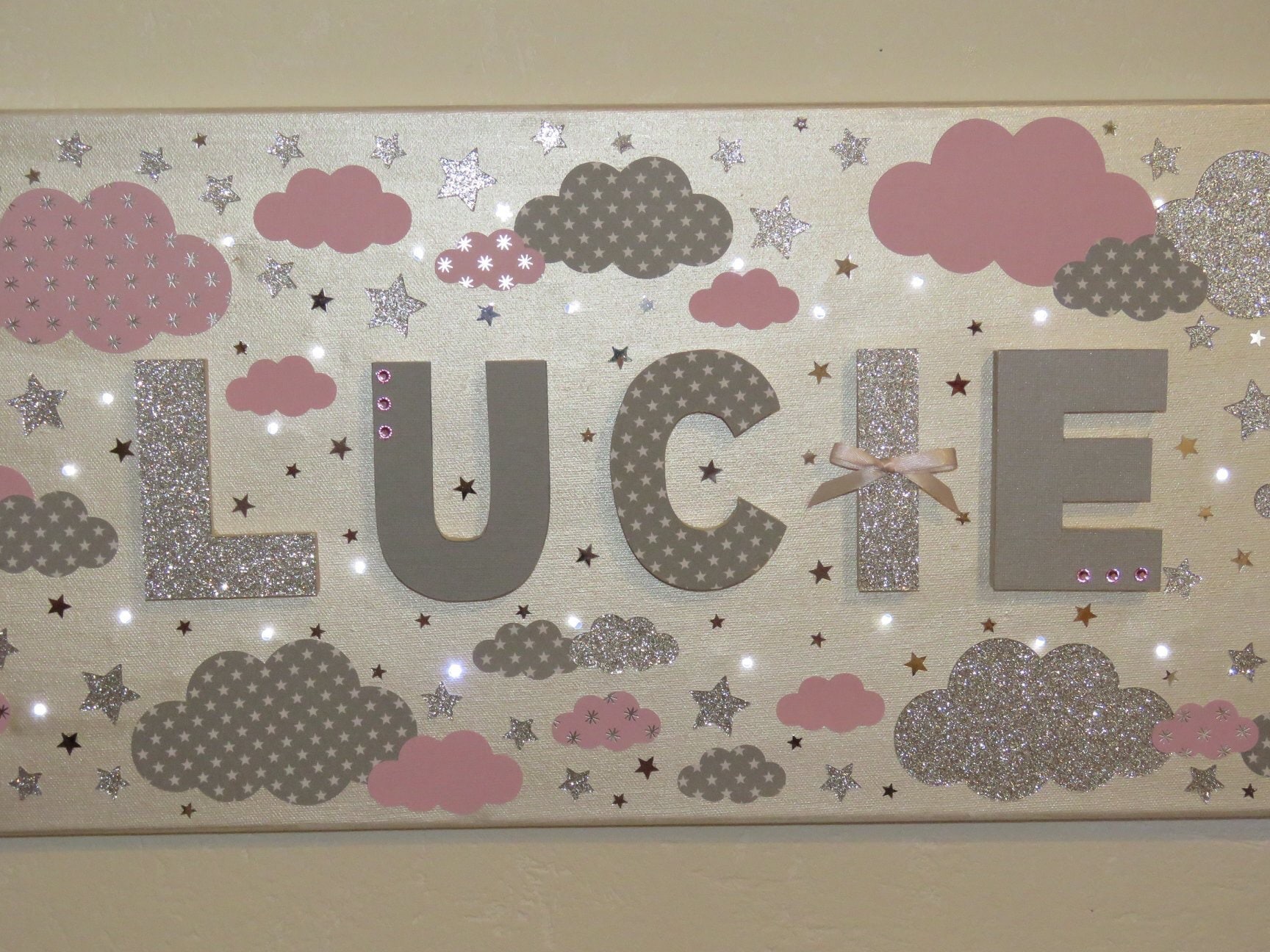 Tableau Prénom Fille, Toile Prénom, Tableau Lumineux Nuages et Etoiles, Personnalise Pour Pailettes,