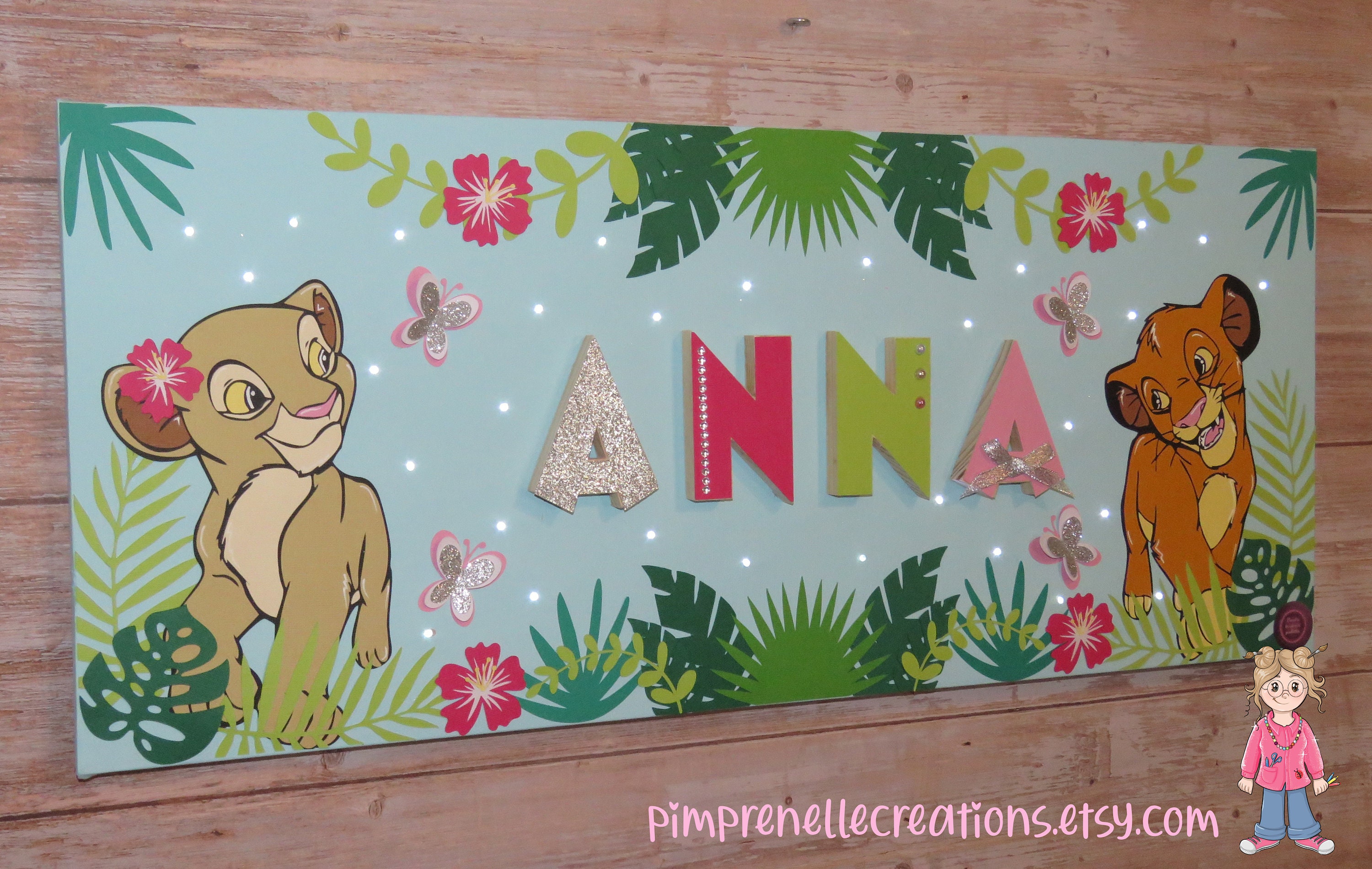 Tableau Prénom Petit Lion, Tableau Naissance Lion et Lionne, Lumineux Personnalisé Cadeau Prénom