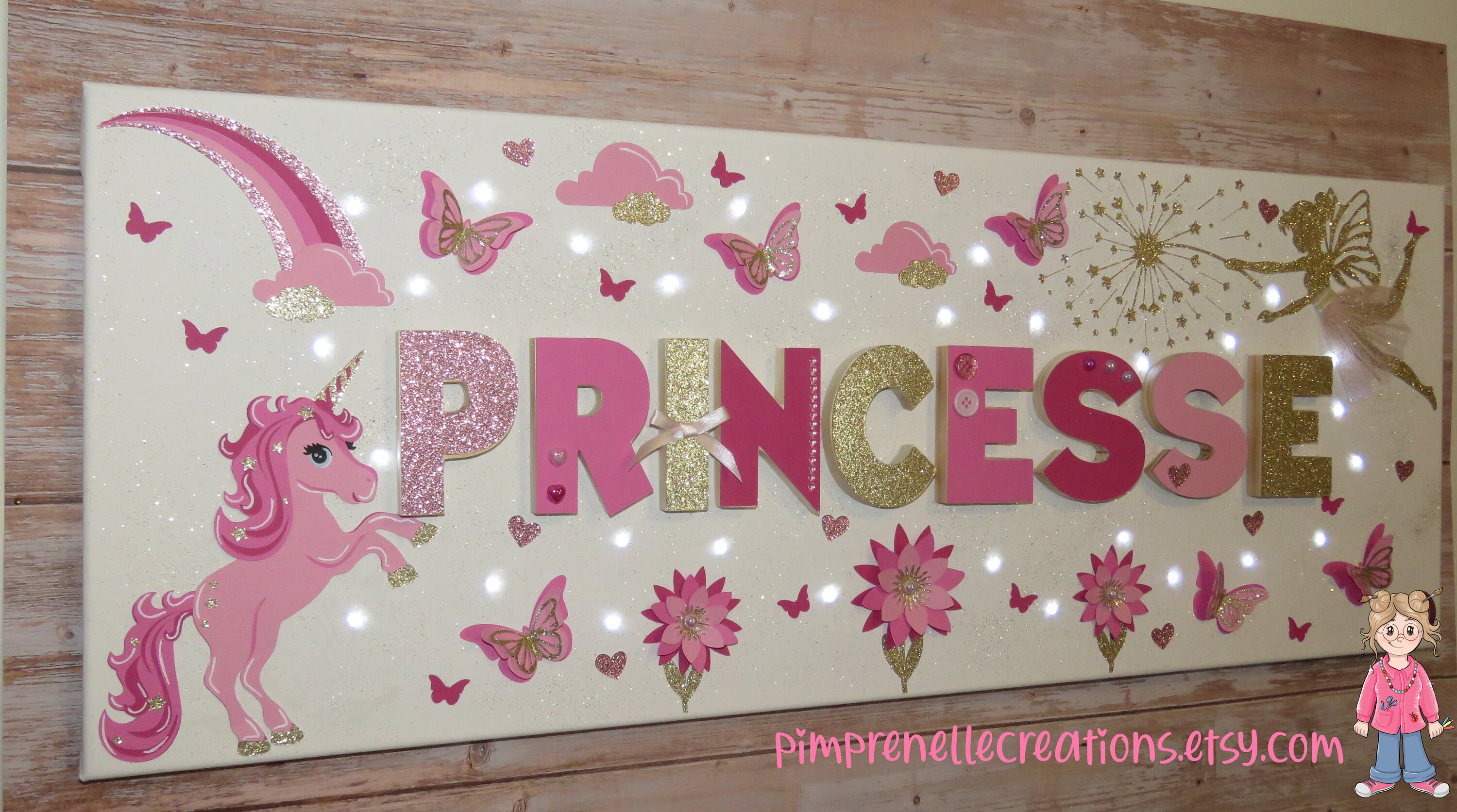 Tableau Prénom Fée et Licorne, Tableau Lumineux Fées Fleurs Rose, Personnalisé Papillons, Fleurs, Ro