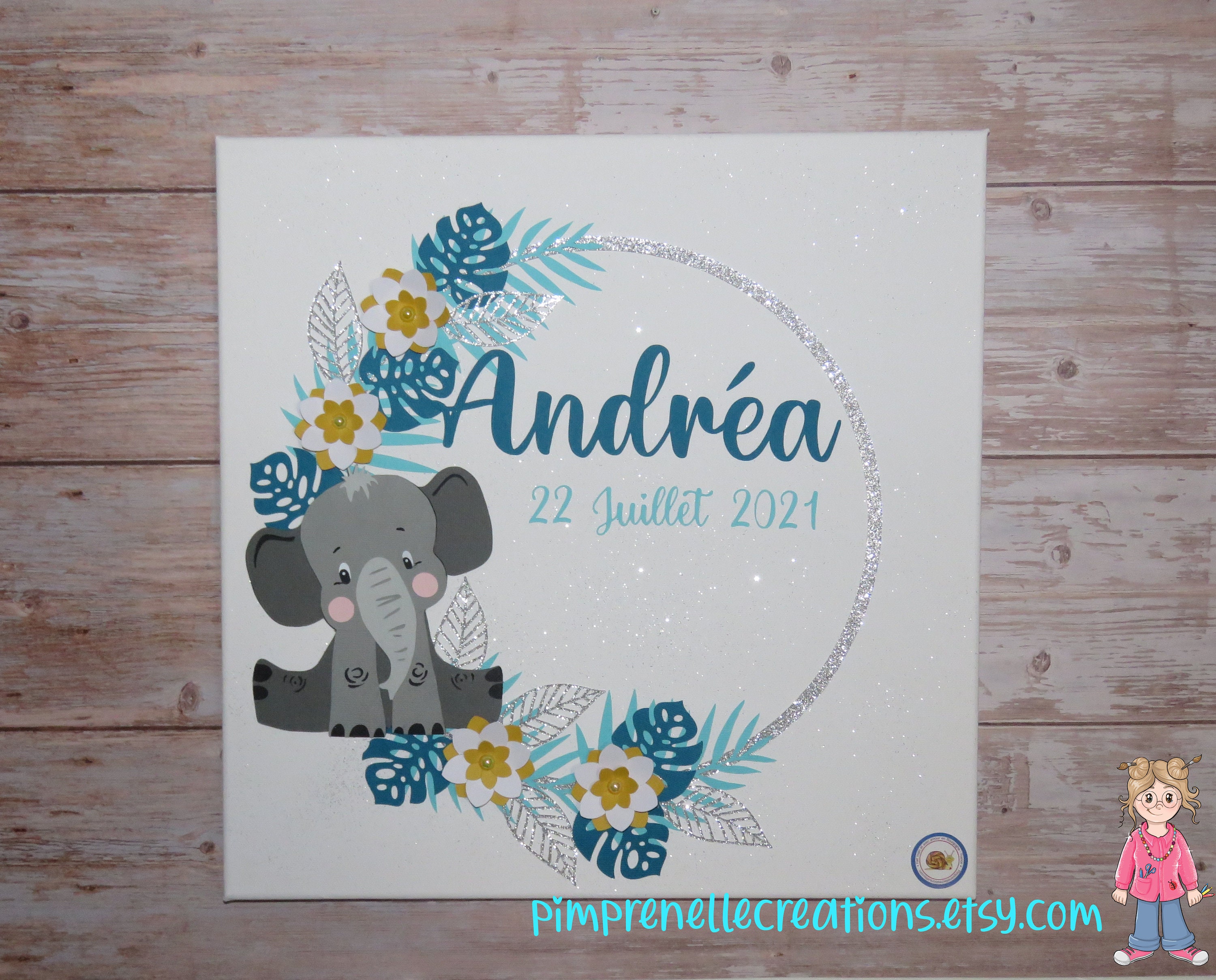 Tableau Éléphant avec Prénom, Déco Murale Éléphant, Couronne de Feuilles Tropicales et Chambre Bébé,