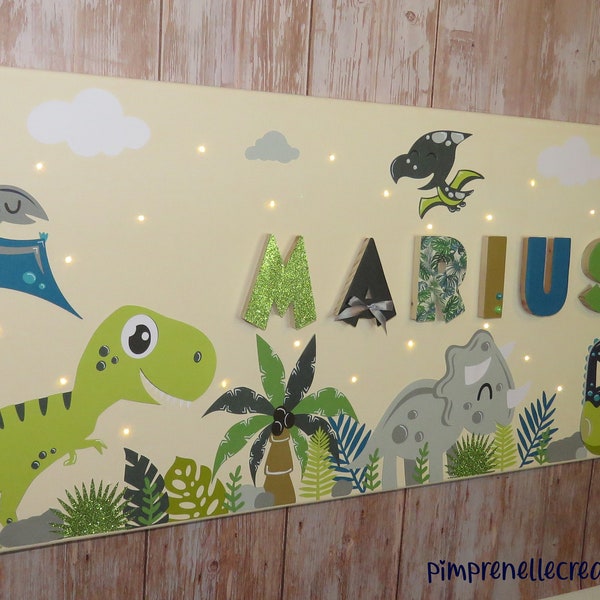 Tableau personnalisé dinosaures, toile lumineuse avec prénom et dinosaures, décoration chambre dino, pancarte prénom dinosaures, cadeau bébé
