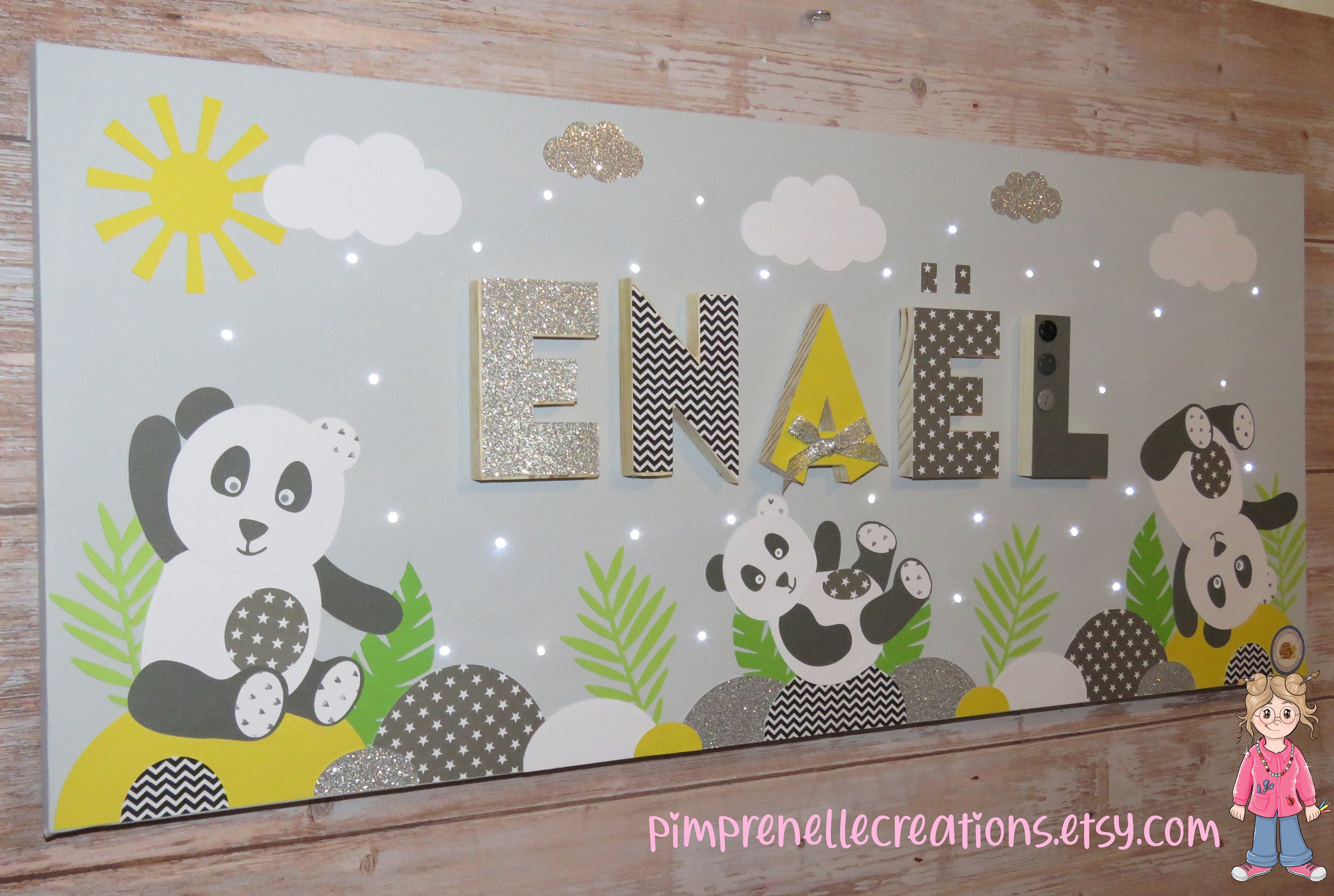 Tableau Lumineux avec Prénom Panda, Tableau Déco Chambre Cadeau Naissance, Inspiration Sauthon Chao 
