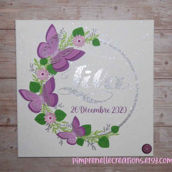 Tableau papillons avec prénom, décoration murale papillons, couronne de fleurs avec prénom, tableau violet chambre fille , cadeau naissance,