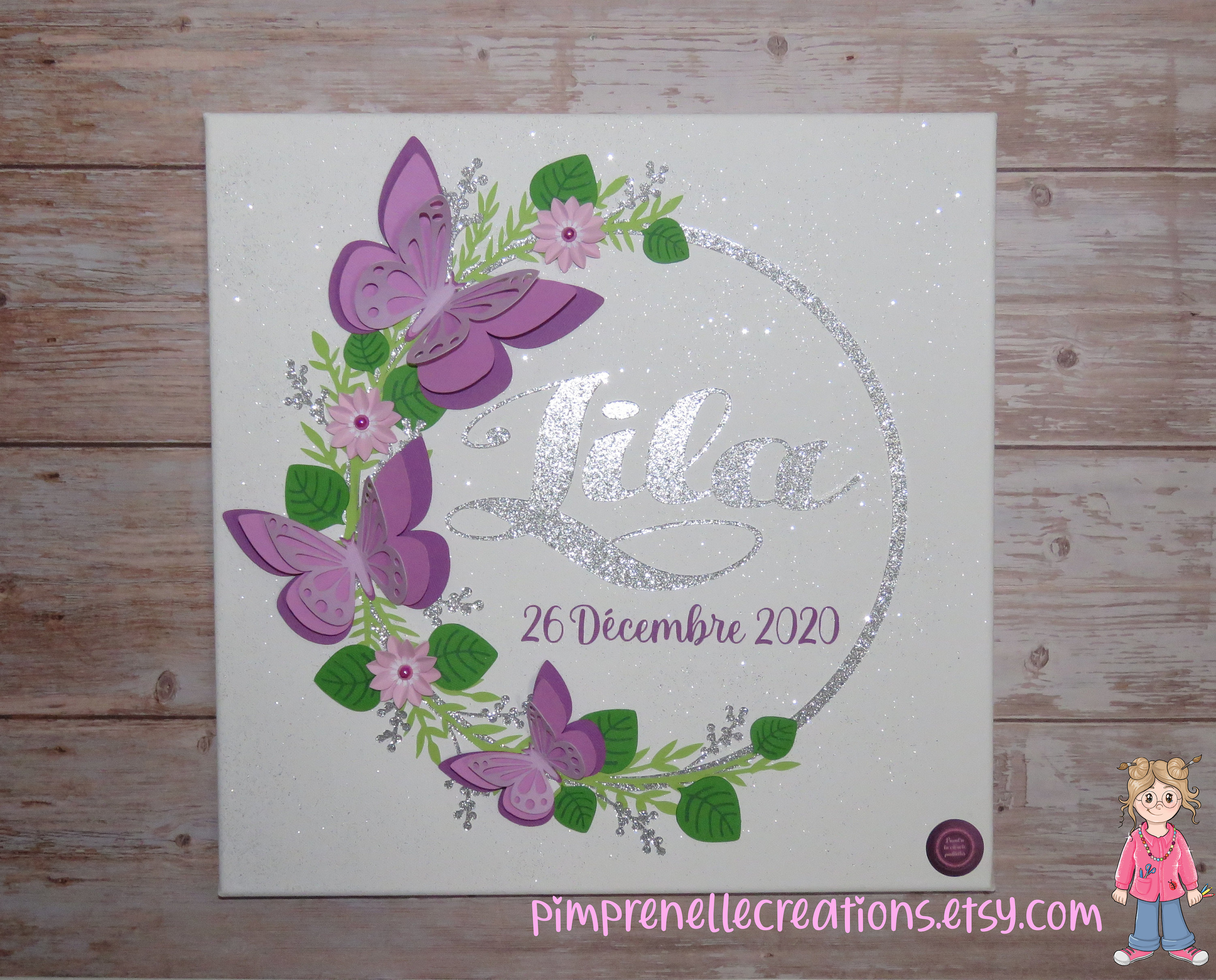 Tableau Papillons avec Prénom, Décoration Murale Papillons, Couronne de Fleurs Tableau Violet Chambr