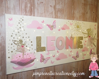 Fairy first name painting, fairy and pink flower light painting, personalized fairy first name painting and flowers, powdered gold pink painting, girl decoration